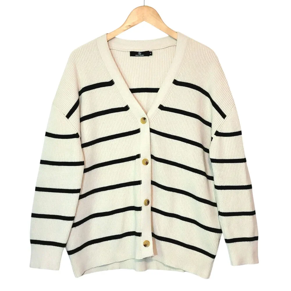 Lillusory Black & Cream Stripe Cardigan Sweater Button Down Relaxed Loose Fit S - Picture 7 of 14